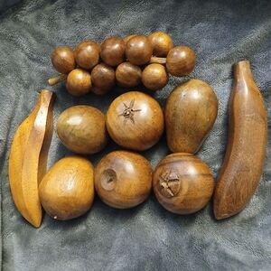 Vintage Set Of Wooden Fruit 7-8" around Banana 7" Length,wicker Like Basket.